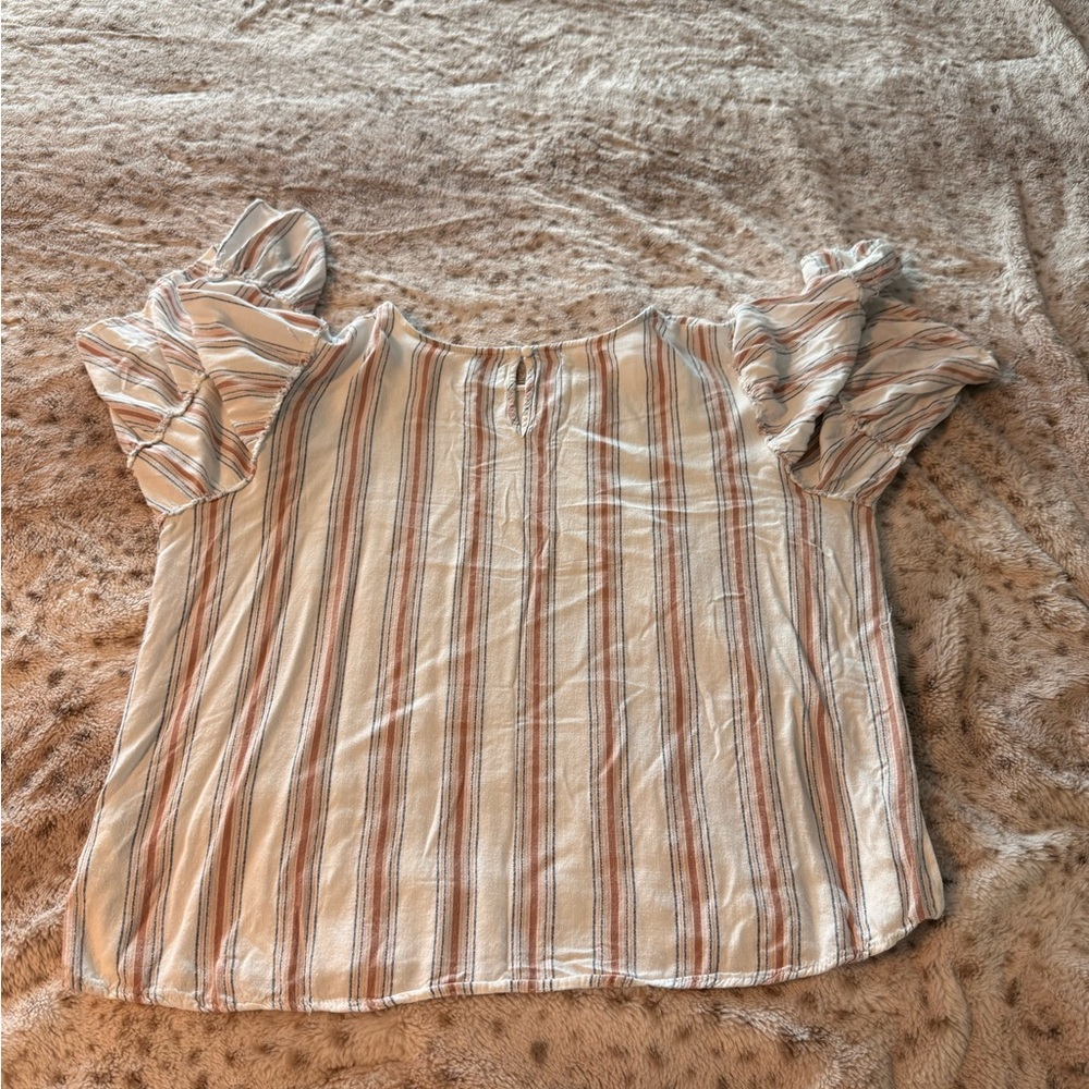 Maurices Striped Ruffle Sleeve Top - Cream, Tan, Blue - Picture 2 of 3